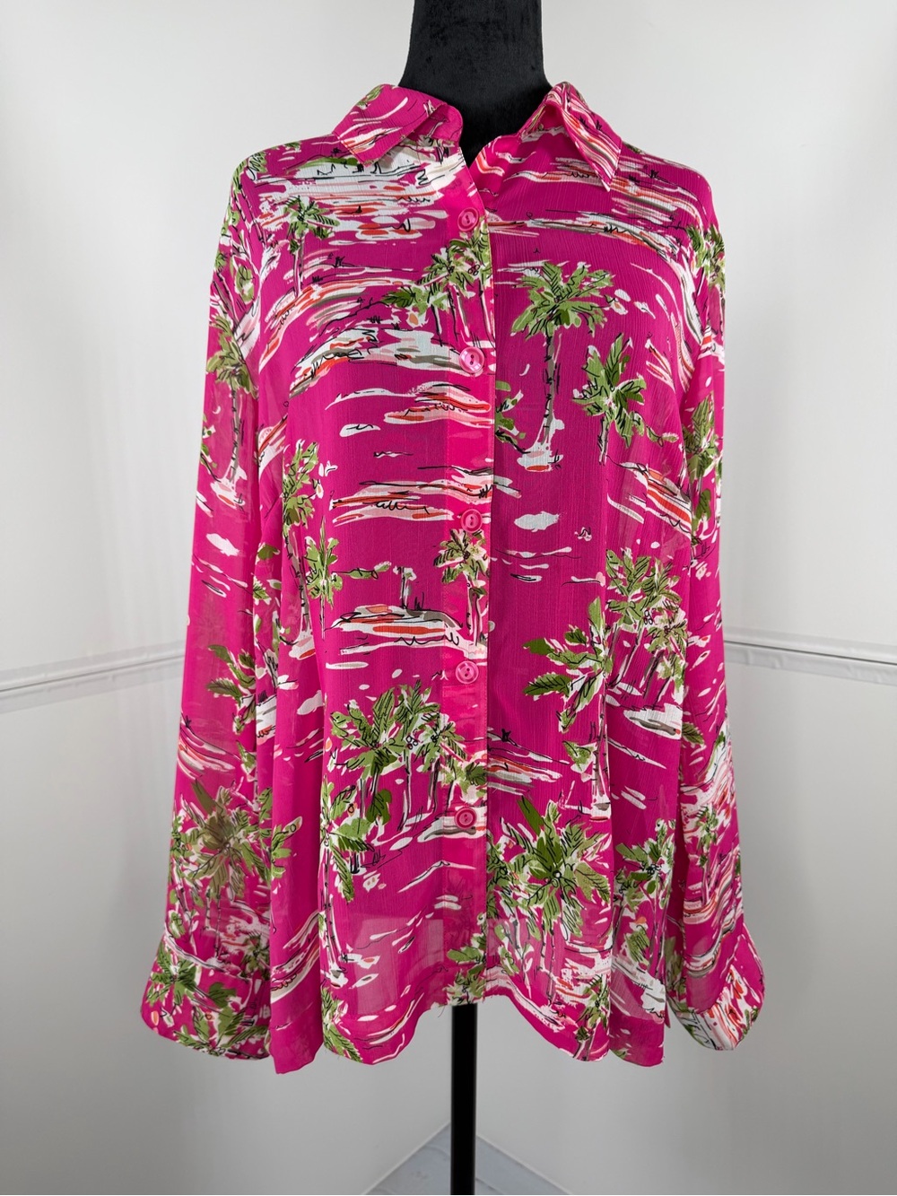 Norton & Co Woman Tropical Palm Print Sheer Button Front Blouse Pink Size 16W